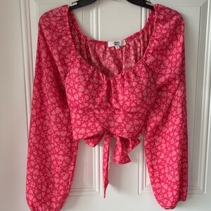 NYC Hot Pink Heart-Print Tie-Front Blouse